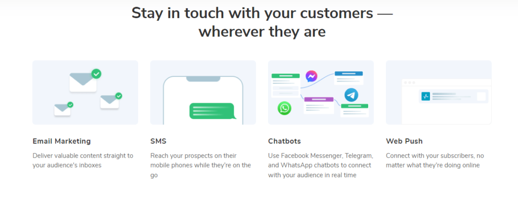 Screenshot of SendPulse website page with headline that says "Stay in touch with your customers - wherever they are" with images of messaging options that include email marketing, SMS, chatbots, and web push