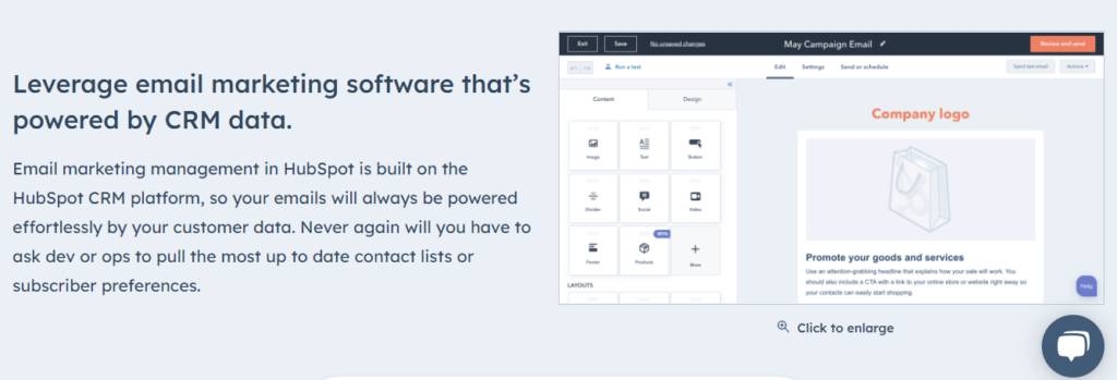 Screenshot of HubSpot website page with headline that says, "Leverage email marketing software that's powered by CRM data."