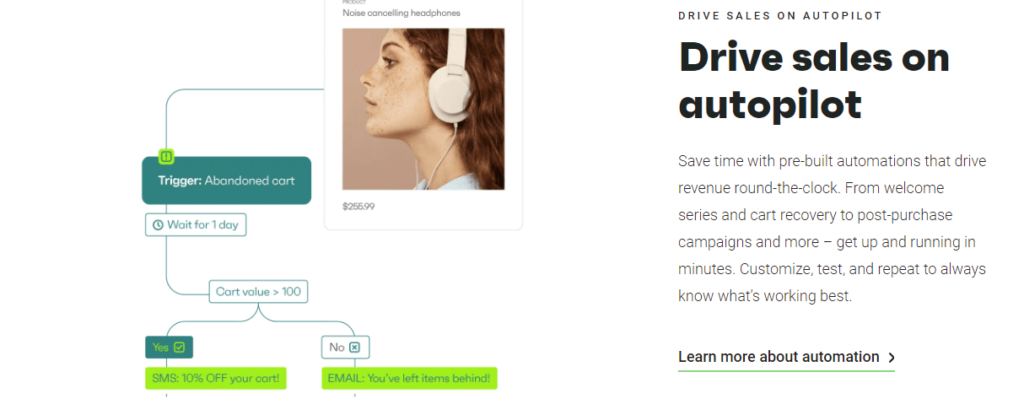 Screenshot of Omnisend website page with headline that says "Drive sales on autopilot" and image showing how pre-built automations work
