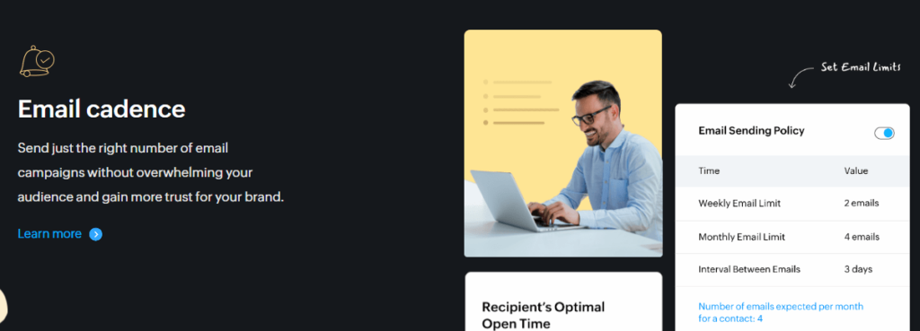Screenshot of Zoho Campaigns website page with headline that says, "Email cadence" and image of email sending policy settings