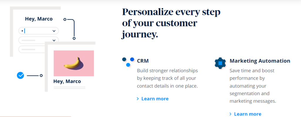 Screenshot of Sendinblue website page with headline that says "Personalize every step of your customer journey" and details about CRM and marketing automation features