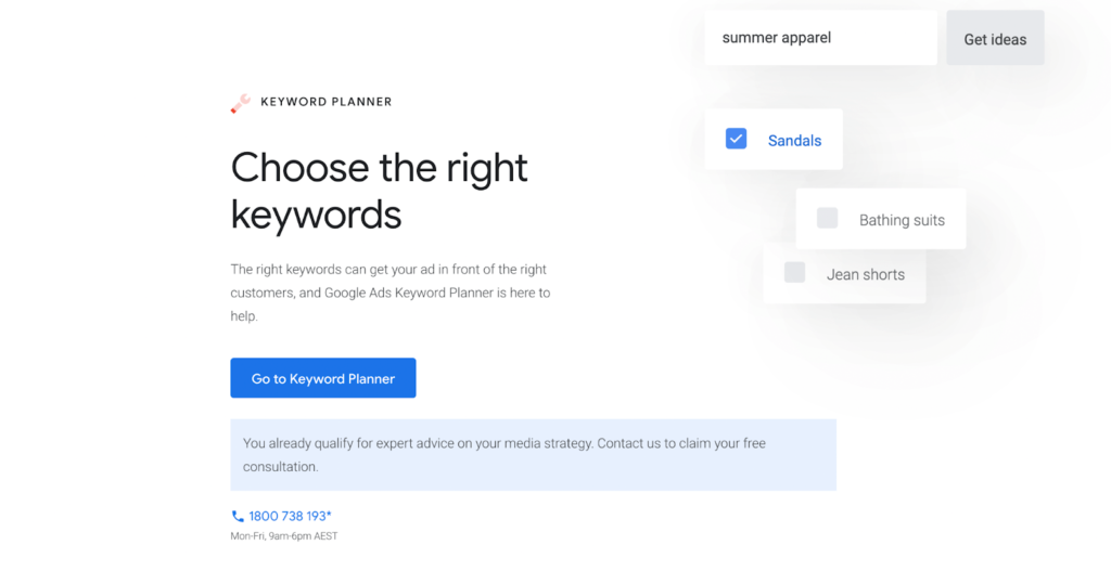 Google Keyword Planner landing page