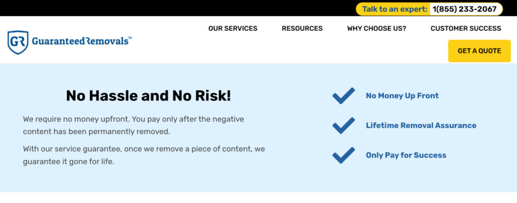 Screenshot of Guaranteed Removals pricing page with headline that says, "No Hassle and No Risk!"