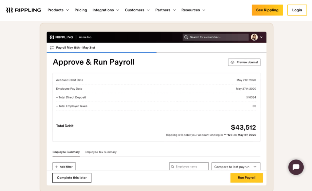 Rippling website page showing example of approving and running payroll using their platform