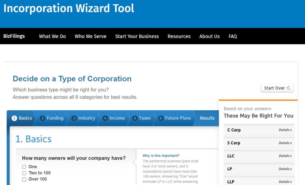 Screenshot of Wolters Kluwer Incorporation Wizard Tool