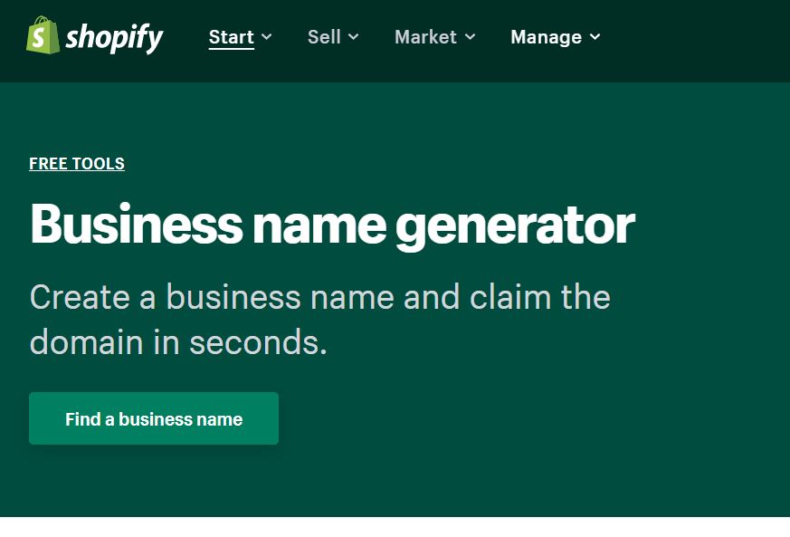 Shopify page for free business name generator