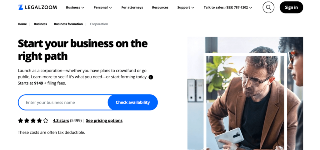 LegalZoom Corporation webpage to start your business on the right path