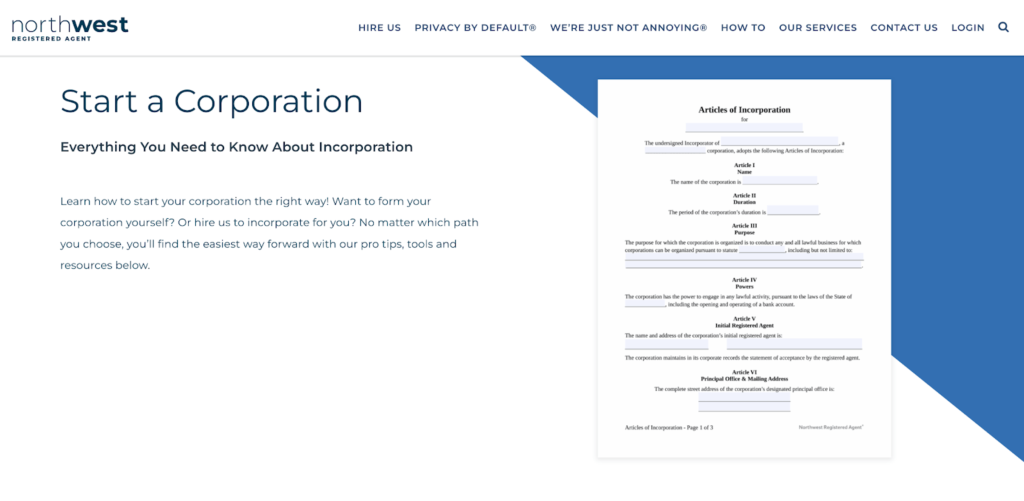 Screenshot of Northwest Registered Agent webpage to start a corporation