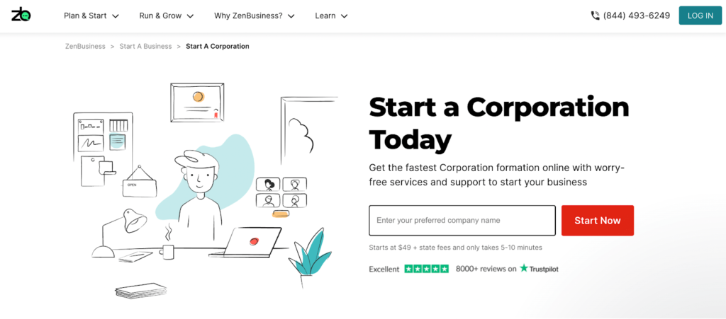 Screenshot of ZenBusiness webpage to start a corporation today