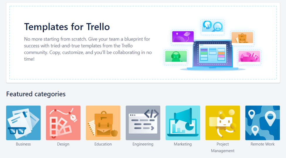 Templates for Trello page showing featured categories