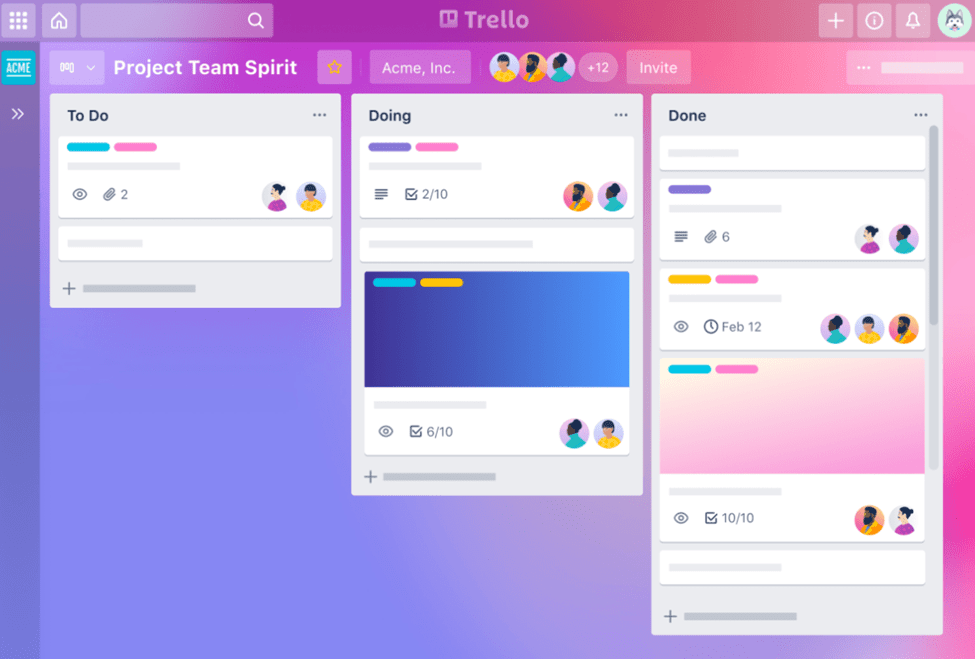 Example of a Trello Kanban board titled "Project Team Spirit"