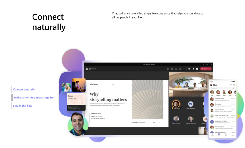 Screenshot of Microsoft Teams webpage that says "Connect naturally" and shows images of their platform on desktop and mobile