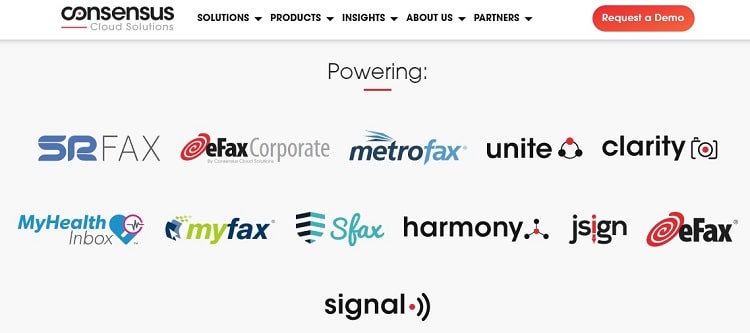 A screenshot showing logos of brands owned by Consensus Cloud Solutions, including MyFax.