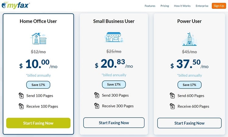 A screenshot showing MyFax's three standard pricing tiers