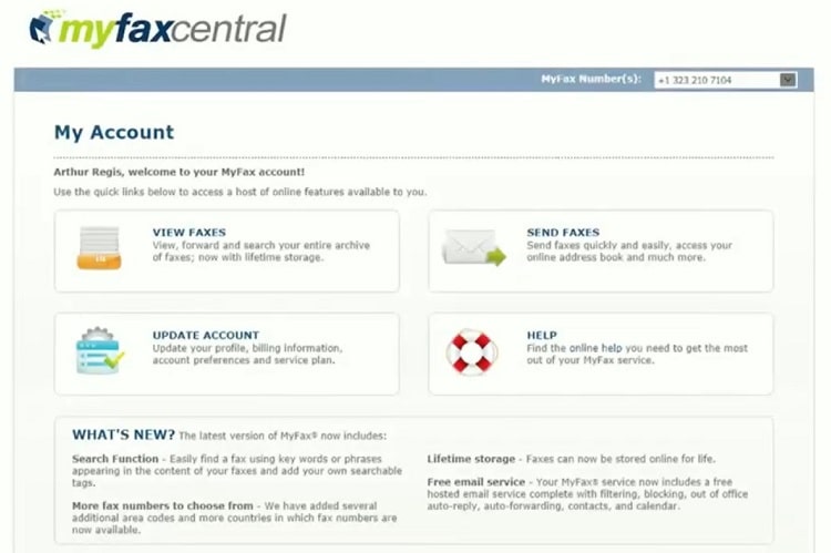 A screenshot of MyFax's user dashboard