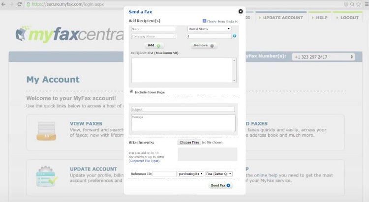 A screenshot showing MyFax's user dashboard with the "Send a Fax" pop-up form showing