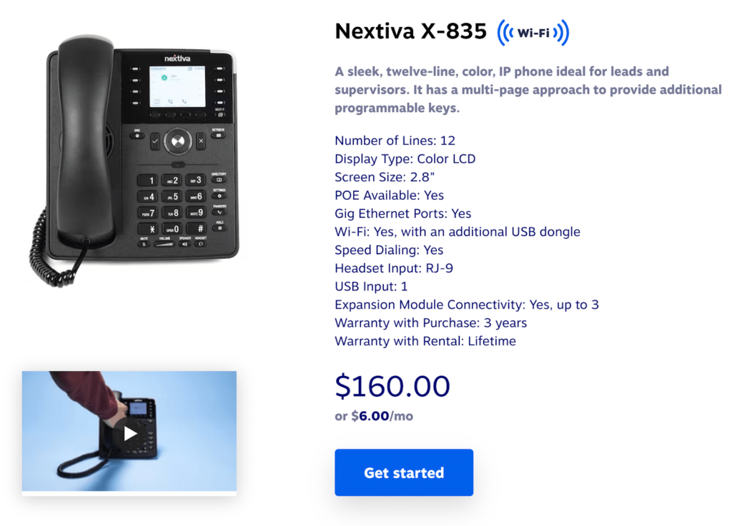 Screenshot of Nextiva X-835 pricing and features webpage