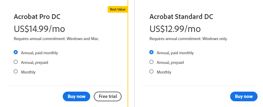 Adobe Acrobat DC pricing plans