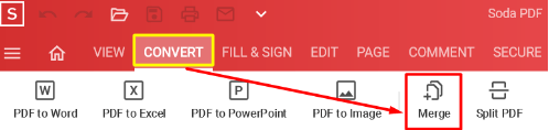 Screenshot of Soda PDF menu with yellow box around Convert and a red arrow pointing to Merge option