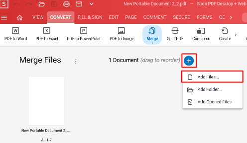 Soda PDF menu with red box around plus button and another red box around Add Files option