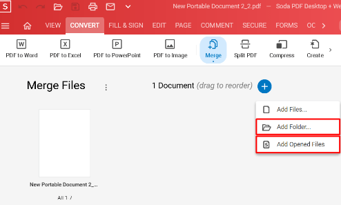 Soda PDF menu with red box around Add Folder option and another red box around Add Opened Files 