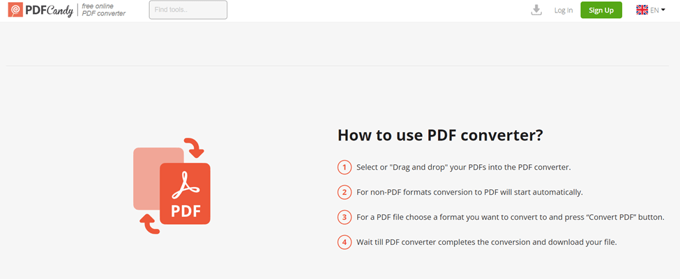 PDF Candy instructions page for how to use PDF converter