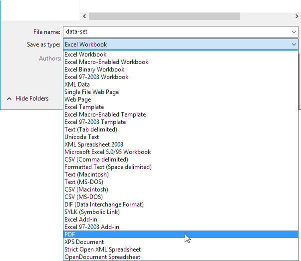 Screenshot of Excel spreadsheet file save menu with PDF selected in the file save dropdown