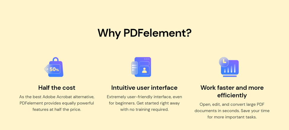 Screenshot of page that asks "Why PDF Element" with features listed that include half the cost, intuitive user interface, and work faster and more efficiently