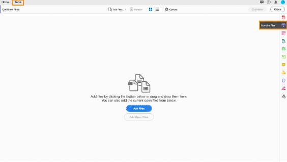 Adobe Acrobat DC combine files tool with yellow box around Tools on the top menu and another yellow box around Combine Files button on the side