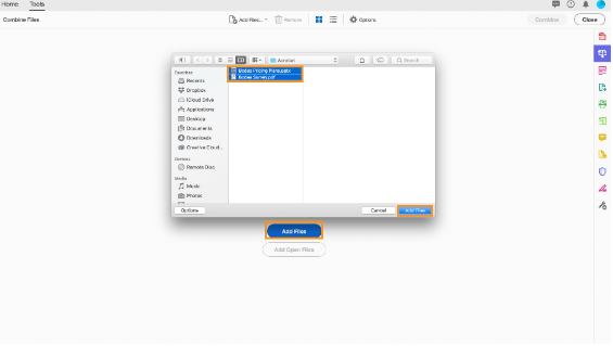 Adobe Acrobat DC combine files tool with yellow box around selected files and another yellow box around Add Files button