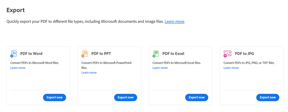 Adobe Acrobat options to export PDF to Word, PDF to PPT, PDF to Excel, and PDF to JPG