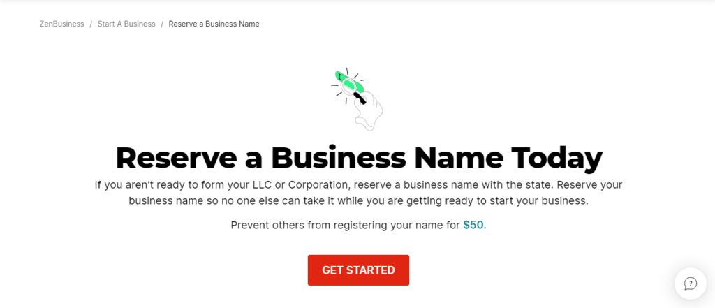 ZenBusiness page for reserving a business name