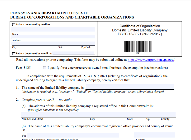 Example of Pennsylvania Certificate of Organization