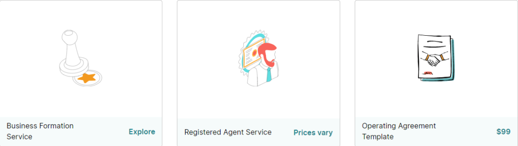 Screenshot of ZenBusiness page showing services you can choose from, including business formation service, registered agent service, and operating agreement template