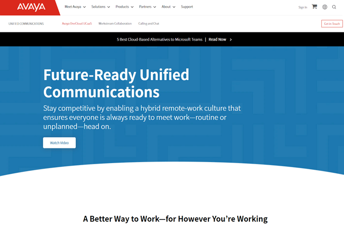 Screenshot of Avaya OneCloud CCaaS page with headline that says, "Future-Ready Unified Communications."