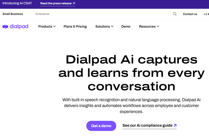 Screenshot of Dialpad website page with headline that says, "Dialpad Ai captures and learns from every conversation"