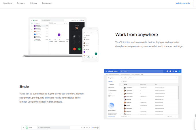 Screenshot of Google Voice website page with images of Google Voice on laptop and cell phone and headlines that say "Work from anywhere" and "Simple"