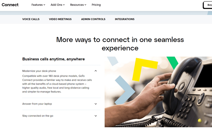 Screenshot of GoTo Connect website page with headline that says, "More ways to connect in one seamless experience" and a smaller headline that says, "Business calls anytime, anywhere"