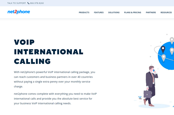Screenshot of Net2Phone website page with headline that says, "VoIP International Calling"
