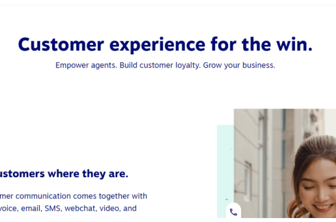 Screenshot of Nextiva website page with headline that says, "Customer experience for the win" and a second headline below that says, "Empower agents. Build customer loyalty. Grow your business."