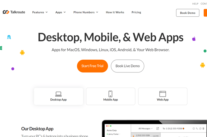 Screenshot of Talkroute app page with headline that says, "Desktop, Mobile, & Web Apps" and buttons to start free trial or book live demo