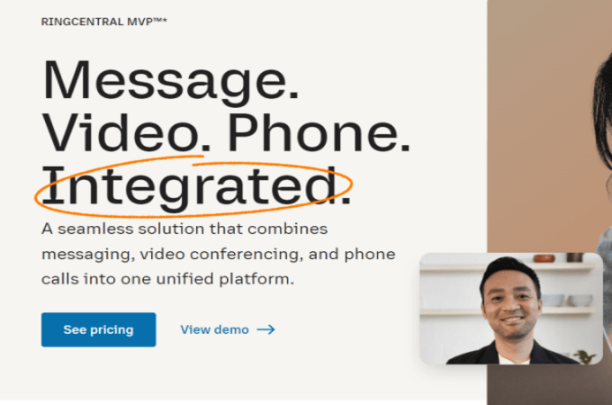 Screenshot of RingCentral website page with headline that says, "Message. Video. Phone. Integrated. A seamless solution that combines messaging, video conferencing, and phone calls into one unified platform."