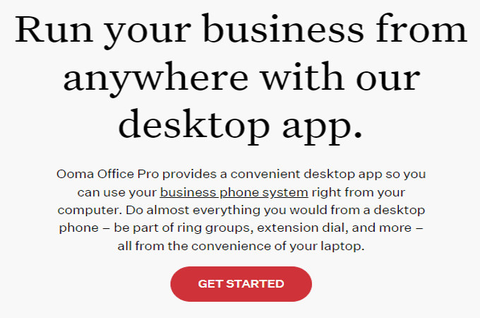 Screenshot of Ooma business phone website app landing page with headline that says, "Run your business from anywhere with our desktop app."