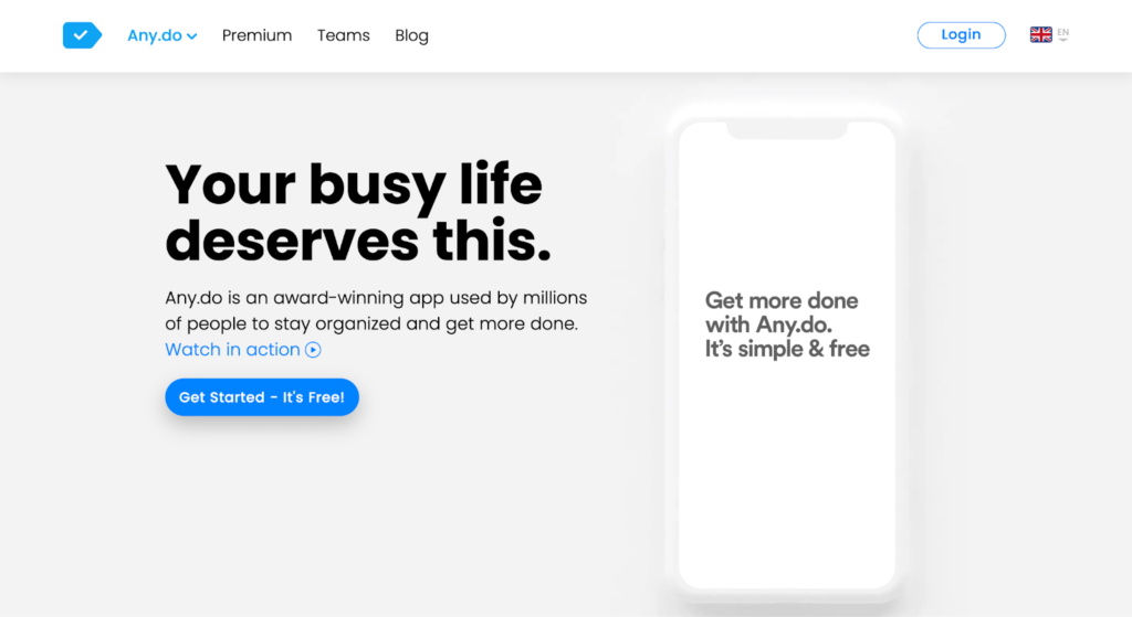 Screenshot of Any.do home page