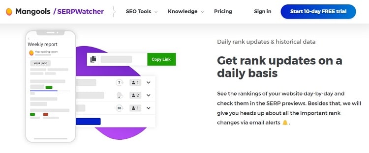 Mangools SERPWatcher landing page for getting rank updates on a daily basis