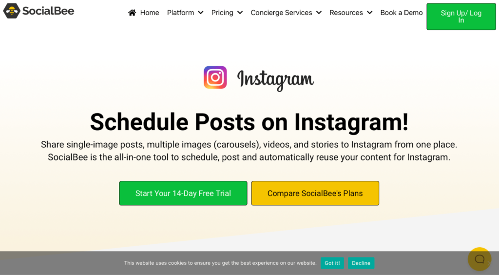 SocialBee landing page for scheduling posts on Instagram
