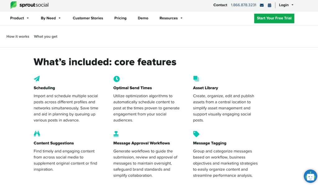 Sprout Social list of core features, including scheduling, optimal send times, asset library, content suggestions, message approval workflows, and message tagging