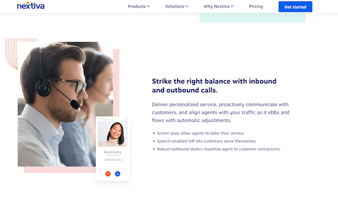 Screenshot of Nextiva website page with headline that says, "Strike the right balance with inbound and outbound calls."