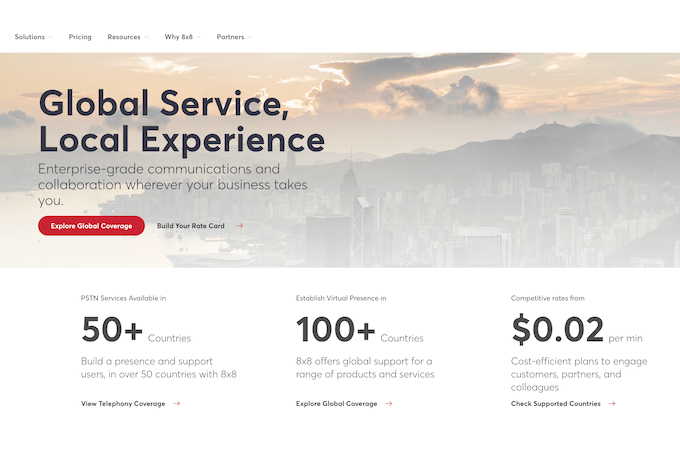 Screenshot of 8x8 international calls landing page with headline that says, "Global service, Local Experience."