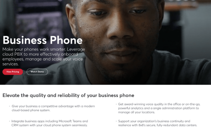 Screenshot of 8x8 business phone landing page with headline that says, "Business Phone - Make your phones work smarter. Leverage cloud PBX to more effectively onboard employees, manage and scale your voice services."